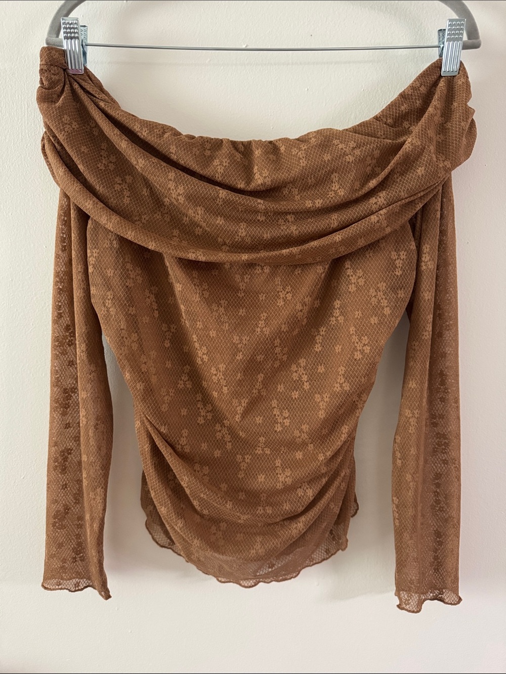 Fall Inspired Caramel Off-Shoulder Long Sleeve Top with Sheer Sleeves